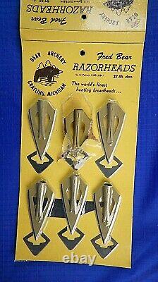 12 Vintage Fred Bear Razorhead Broadheads on Card. Recurve bow Longbow Hunting