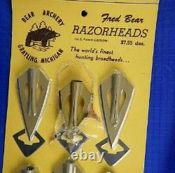 12 Vintage Fred Bear Razorhead Broadheads On Card. Recurve Bow Longbow Hunting