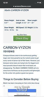 Martin Archery Carbon Vyzion Compound Bow Rh Pkg Loaded Jamais Chassé
